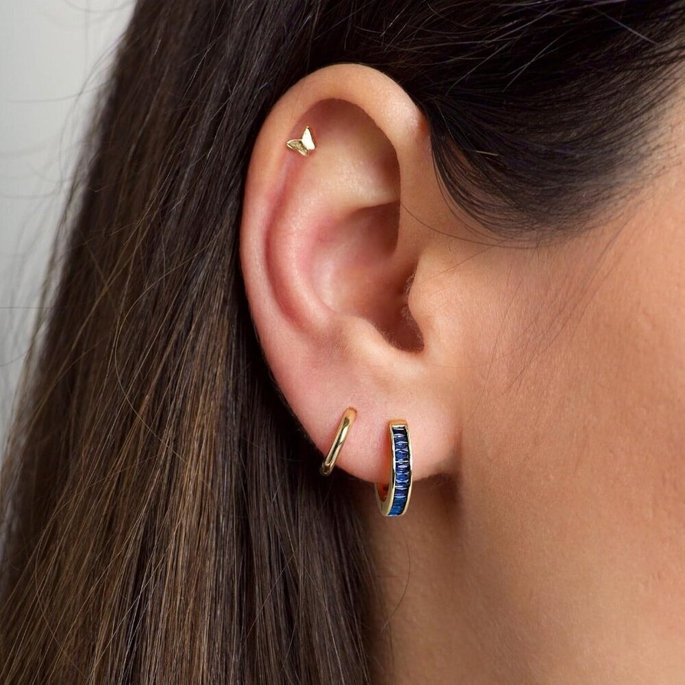 14K Gold Plated Huggie Hoop Earrings with Cubic Zirconia for Women - Lightweight - Picture 4 of 8